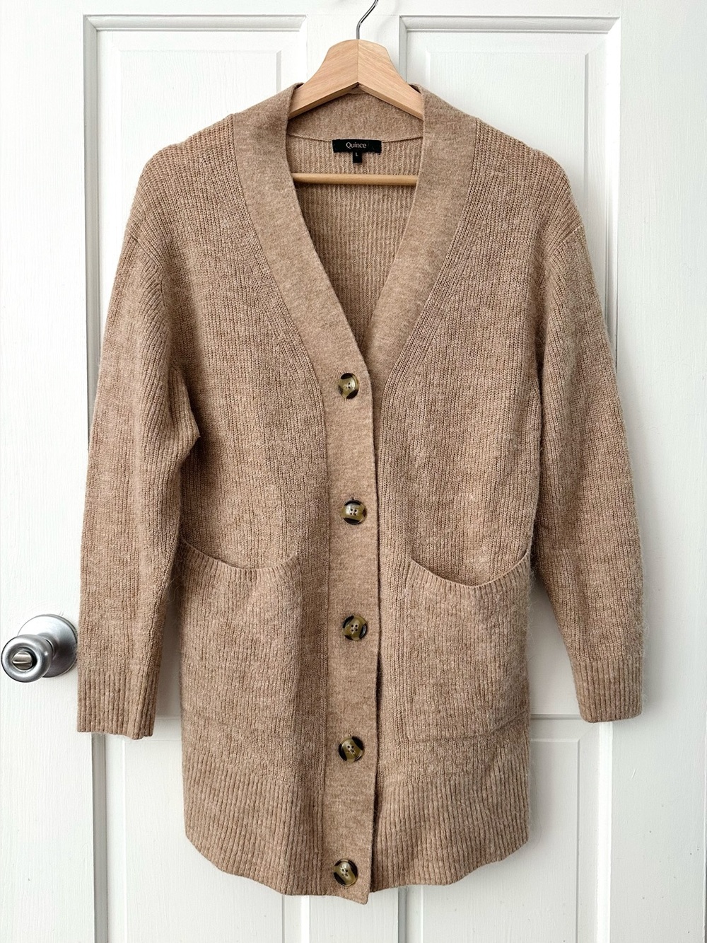 Quince Baby Alpaca-Wool Cardigan Camel Tan - Size L Runs Small